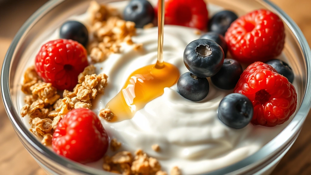 Close-up of creamy white Greek yogurt in a clear glass bowl with fresh mixed berries, granola, and honey drizzle artfully arranged, warm natural lighting, minimalist composition