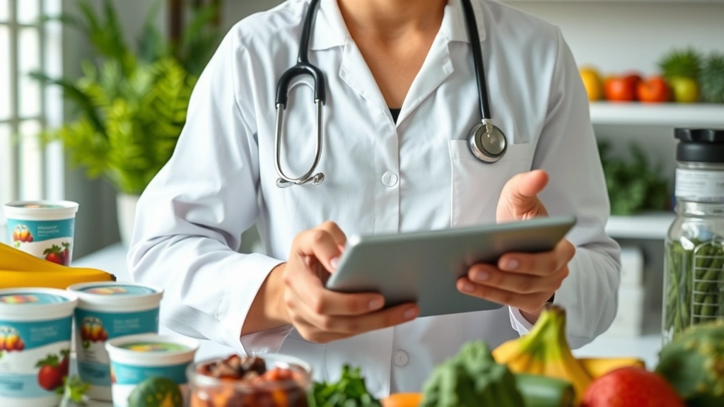 Nutritionist analyzing food labels and nutritional data on tablet device surrounded by various yogurt containers and fresh ingredients, professional healthcare setting, soft daylight