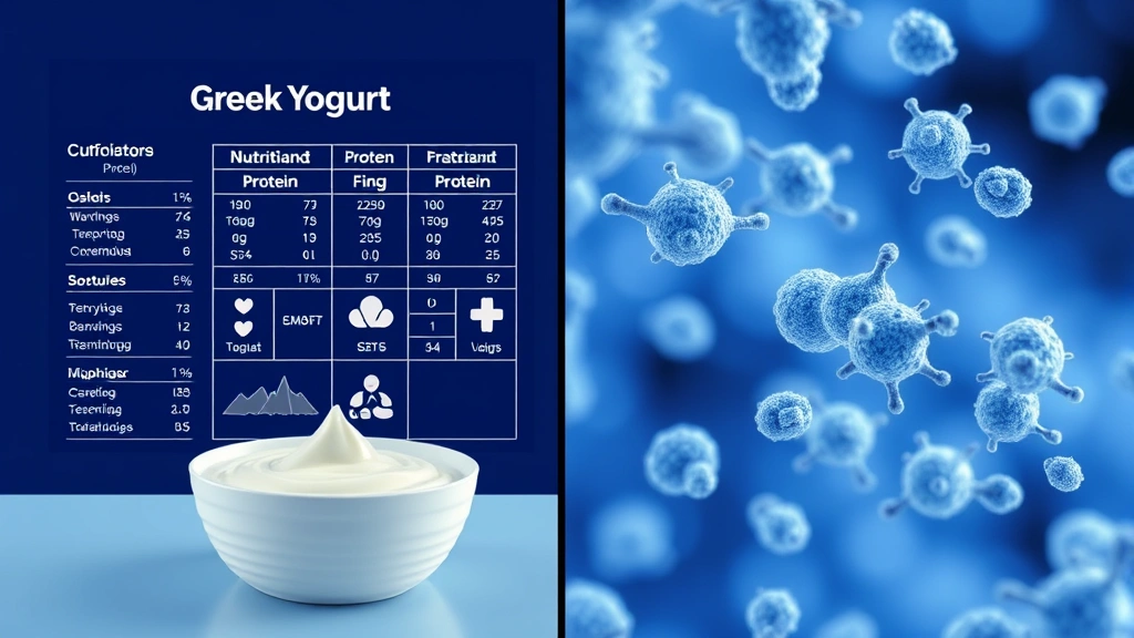Split-screen comparison showing Greek yogurt nutritional information panels, protein content visualization, and probiotic cultures under microscope, scientific medical illustration style