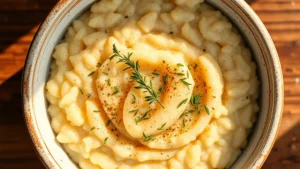 Overhead shot of creamy stone-ground grits in a rustic ceramic bowl with fresh herbs sprinkled on top, warm morning sunlight, wooden table background, no text or labels visible