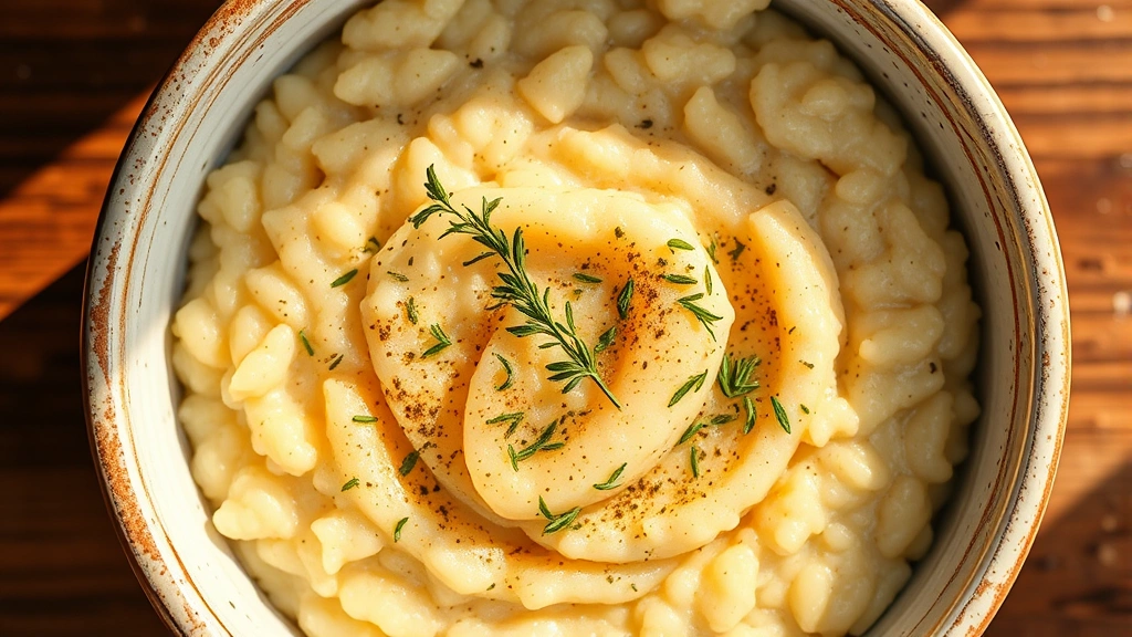 Overhead shot of creamy stone-ground grits in a rustic ceramic bowl with fresh herbs sprinkled on top, warm morning sunlight, wooden table background, no text or labels visible