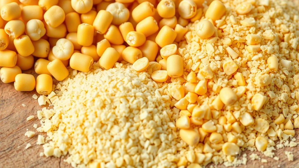 Close-up of raw corn kernels and coarsely ground cornmeal on a wooden surface, showing texture and natural grain colors, soft natural lighting, completely clear of any text