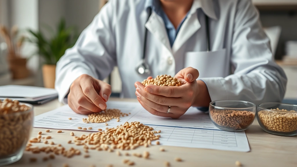 Nutritionist reviewing grain samples and nutrition data on a desk with whole grains scattered around, focused professional setting, soft lighting, no visible text on papers or screens