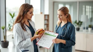 Dietitian analyzing sandwich nutrition labels in modern clinic office, holding clipboard with charts showing macronutrients breakdown, bright natural lighting, professional healthcare setting