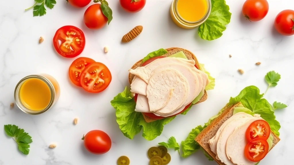 Overhead flat lay of customized sandwich ingredients scattered on white marble surface - lettuce leaves, sliced turkey, tomatoes, pickles, mustard jar, representing healthy modifications