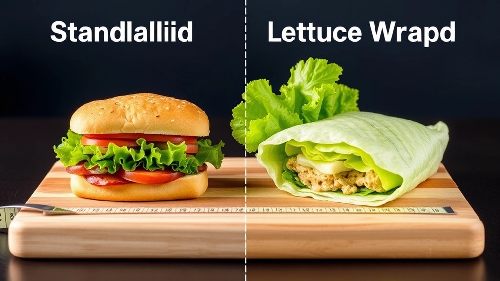 Split-screen comparison showing standard sandwich versus lettuce-wrapped version on wooden cutting board with measuring tape, highlighting nutritional difference through visual portion contrast