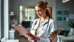 Professional registered dietitian reviewing KFC nutrition labels on clipboard in modern clinical office, natural lighting, diverse representation, analytical expression, digital tablets displaying nutritional data nearby