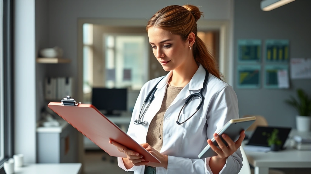 Professional registered dietitian reviewing KFC nutrition labels on clipboard in modern clinical office, natural lighting, diverse representation, analytical expression, digital tablets displaying nutritional data nearby