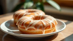 Close-up of glazed donuts on a modern white plate with natural morning light, shallow depth of field, professional food photography style