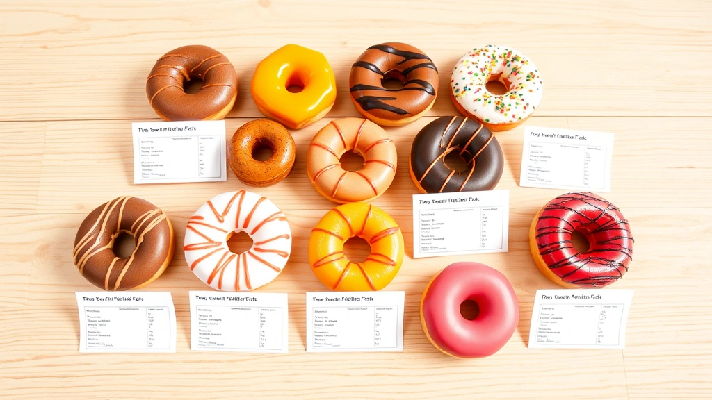 Colorful variety of different donut types arranged on wooden surface with nutritional information cards, bright daylight, clean minimalist composition