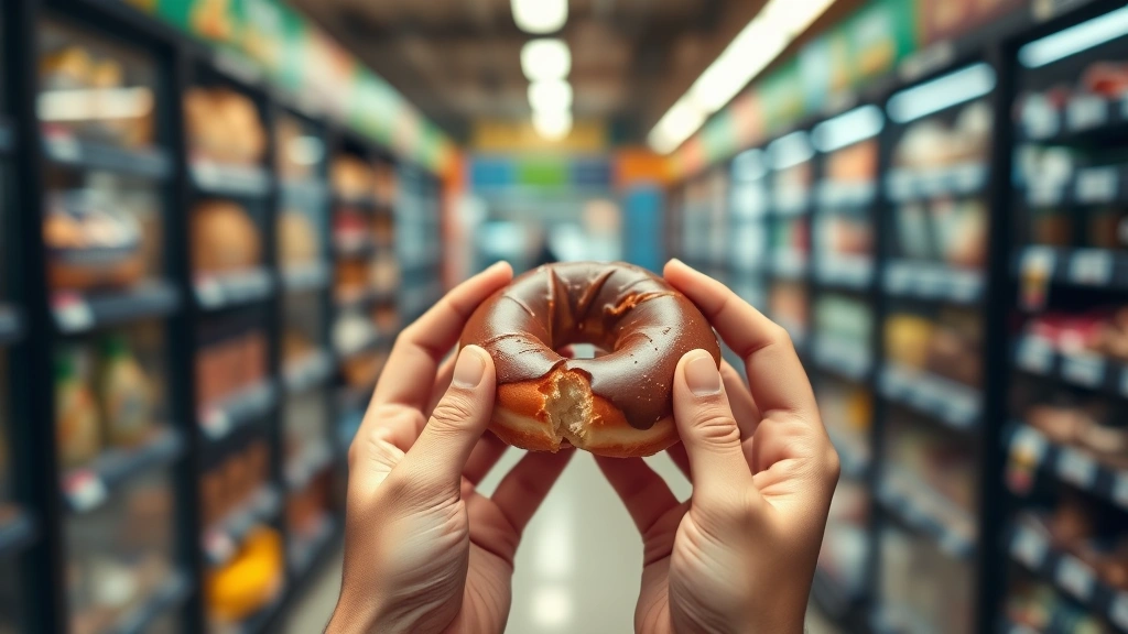 Hands holding a single donut with blurred grocery store background, warm natural lighting, lifestyle food photography emphasizing portion awareness