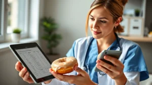 Registered dietitian reviewing nutritional data on tablet while holding fresh glazed donut, professional healthcare setting, natural lighting, focused expression analyzing food composition