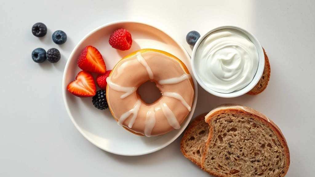 Overhead flat lay of glazed donut cut in half alongside fresh berries, Greek yogurt, and whole grain toast, showing balanced breakfast pairing, warm natural light