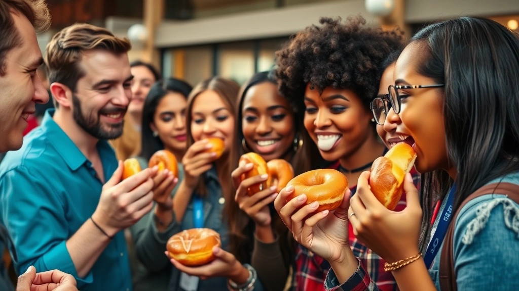 Diverse group of people enjoying donuts at social gathering, natural candid moment, warm lighting, showing balanced approach to food enjoyment in community context