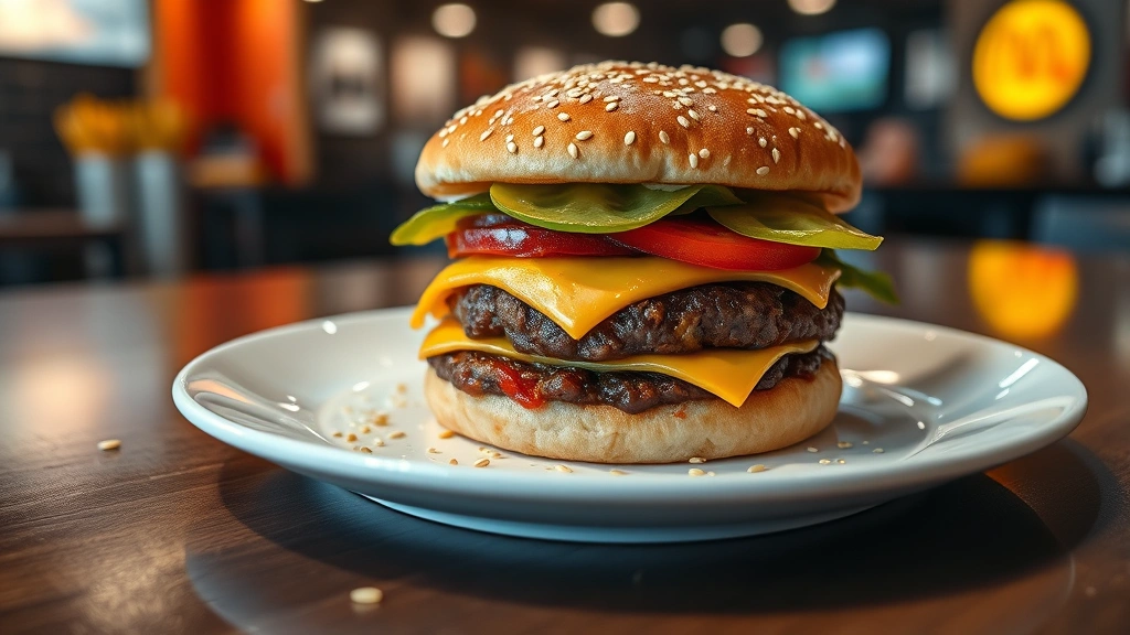 Close-up overhead view of a McDouble burger on a minimalist white plate with scattered sesame seeds and condensation drops, professional food photography lighting, blurred fast-food restaurant background, shallow depth of field, photorealistic