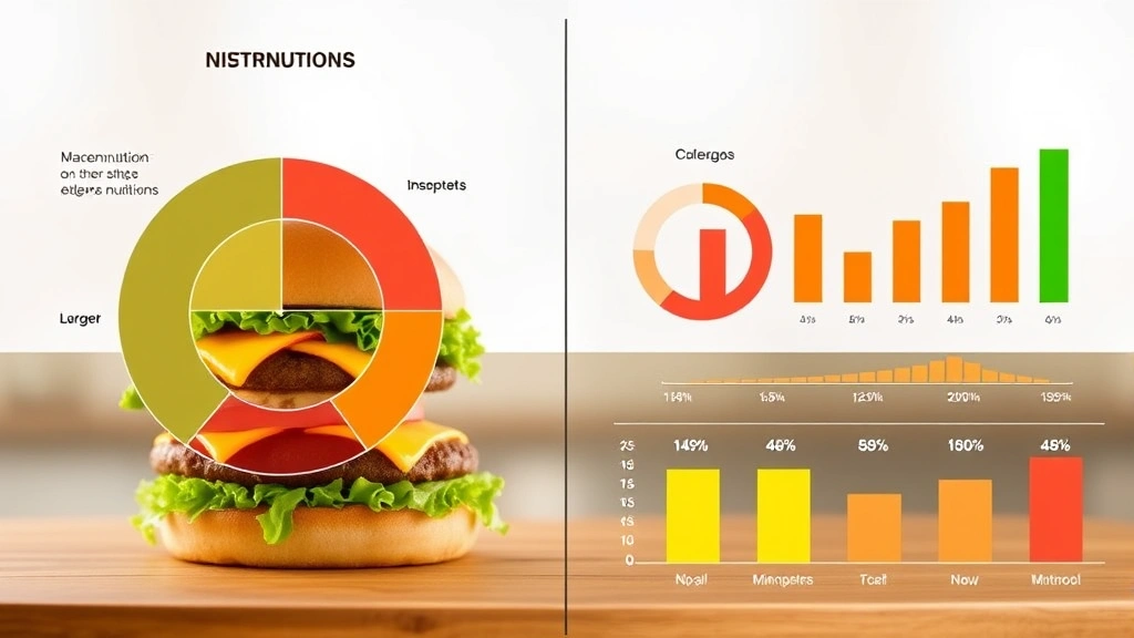 Split-screen nutritional infographic visualization showing macronutrient distribution circles and micronutrient bars for fast-food burger analysis, digital health data representation, clean modern design aesthetic, no text overlays