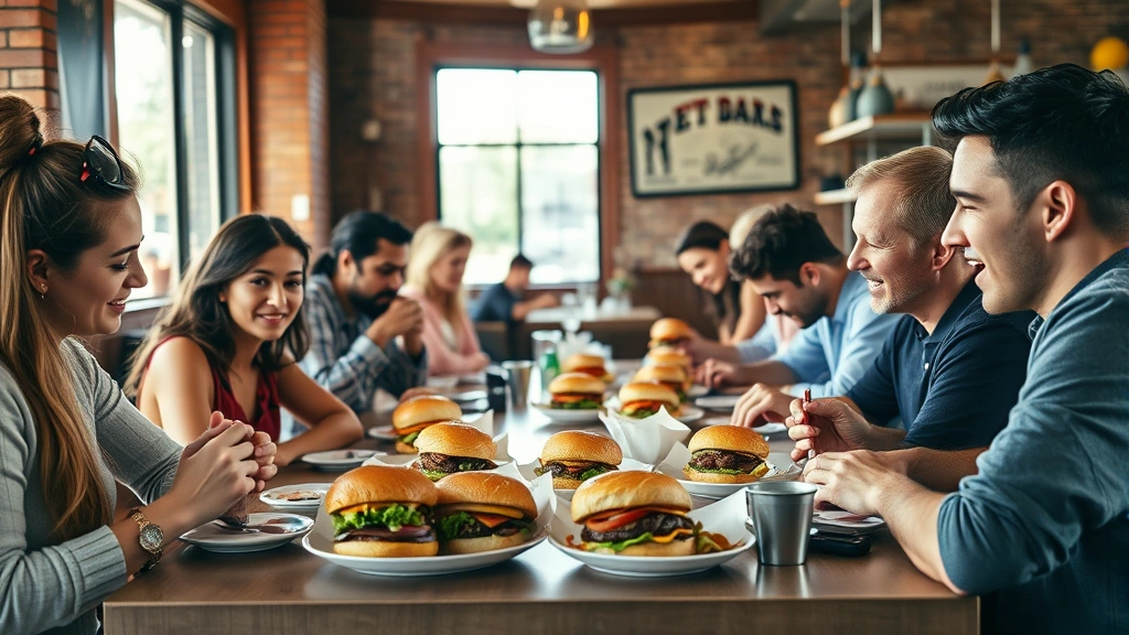Diverse group of people enjoying meals at a casual restaurant table with various burger options visible, natural daylight streaming through windows, candid lifestyle photography, warm tones, focused on dining experience rather than product detail