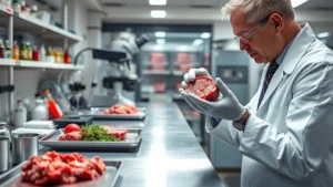 Professional nutritionist analyzing ground beef samples in modern laboratory, examining raw minced beef on stainless steel surface with scientific equipment, natural lighting, focus on nutrient-rich food composition
