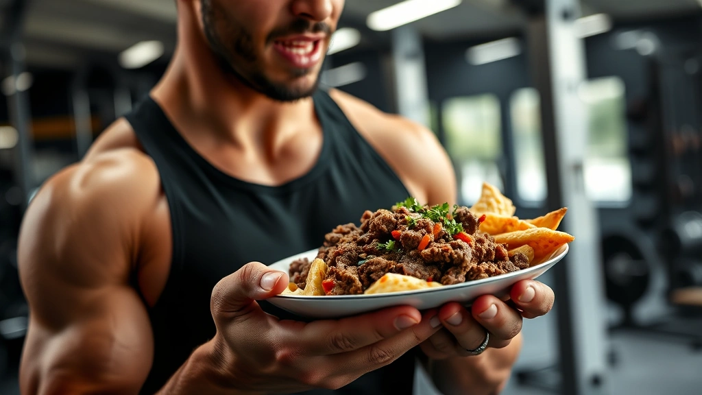 Athlete in gym setting consuming beef-based meal, showcasing post-workout nutrition with ground beef dish, healthy eating environment, professional food photography style