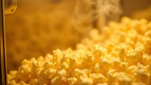 Close-up of golden popcorn kernels being popped in a commercial popcorn machine with visible heat and steam, professional cinema theater equipment, warm lighting highlighting the popping action and oil droplets, no text or branding visible, photorealistic high-resolution image