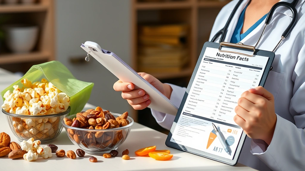 Nutritionist reviewing food labels and dietary information on clipboard next to various snack foods including popcorn, nuts, and dried fruit, professional healthcare setting with natural lighting, focused on healthy eating choices and portion comparison, no visible text on documents