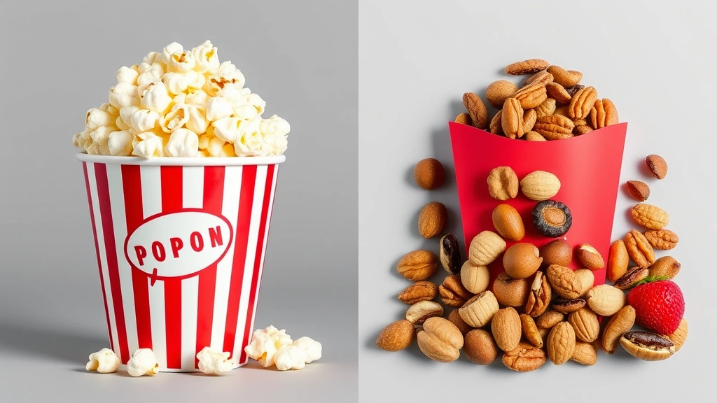 Split-screen comparison showing a large movie theater popcorn bucket on one side and a healthy snack alternative (mixed nuts and dried fruit) on the other side, neutral background, professional product photography style, emphasizing portion size and nutritional contrast, no text overlays