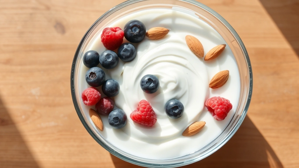 Overhead shot of white Greek yogurt in a clear glass bowl with fresh blueberries, raspberries, and almonds scattered on top, natural morning light streaming across wooden table, minimalist composition