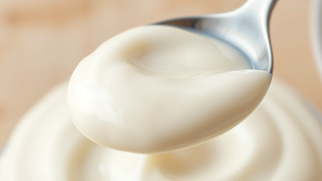 Close-up of creamy yogurt texture being spooned, showing smooth consistency and slight glossy surface, neutral beige background, food photography style with shallow depth of field