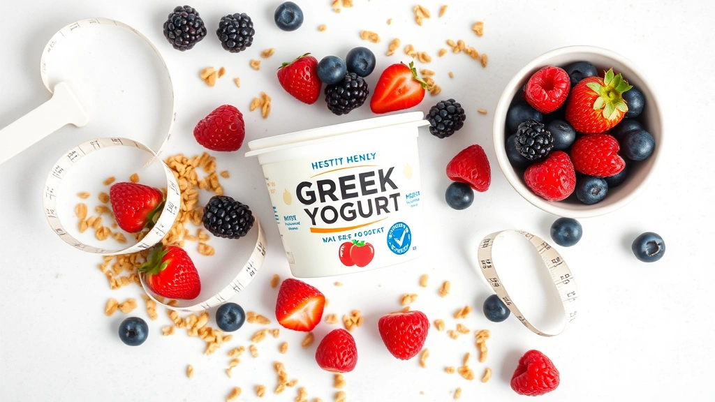 Flat lay arrangement of Greek yogurt container surrounded by fresh berries, granola, honey drizzle in small bowl, measuring tape loosely coiled nearby, healthy nutrition lifestyle aesthetic, natural lighting