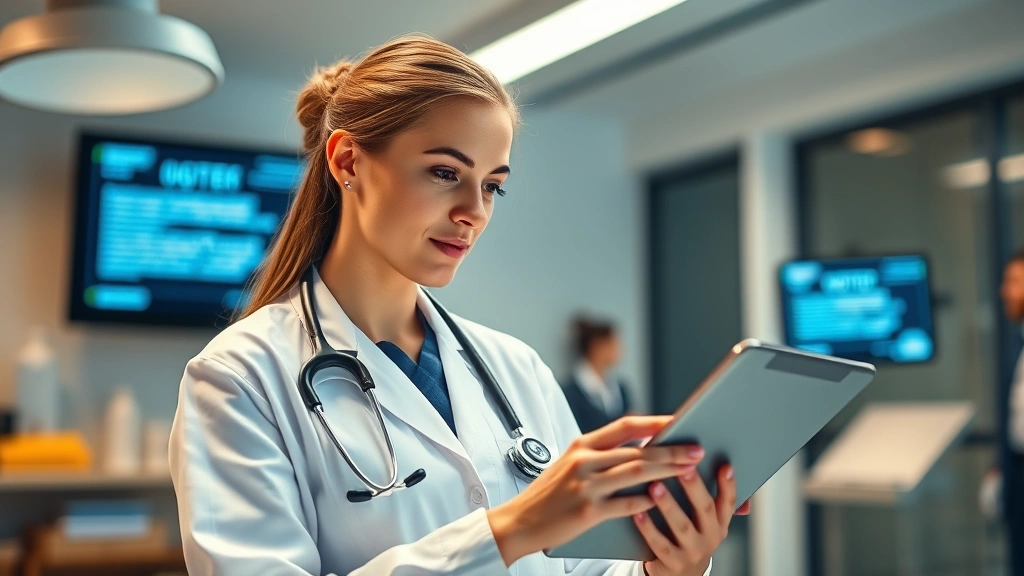 Professional dietitian in clinical setting reviewing nutritional data on tablet, warm lighting, modern healthcare environment, focused analytical expression, no screens visible with text