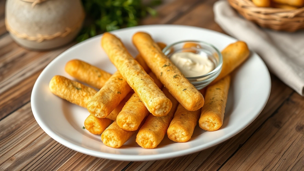 Golden-brown breadsticks arranged on white plate with herb butter in small glass bowl, rustic table setting, natural soft lighting, close-up food photography, appetizing presentation