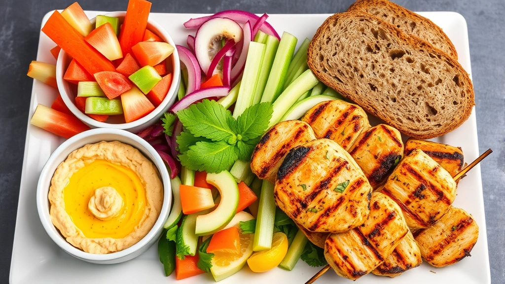 Colorful array of healthy appetizer alternatives including hummus bowl, fresh vegetable crudités, grilled chicken skewers, and whole grain bread on modern white serving platter, bright professional food styling