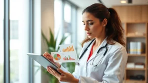 Professional dietitian analyzing nutritional data on tablet in modern clinic setting, showing charts and graphs of macronutrient breakdowns, natural lighting, healthcare environment