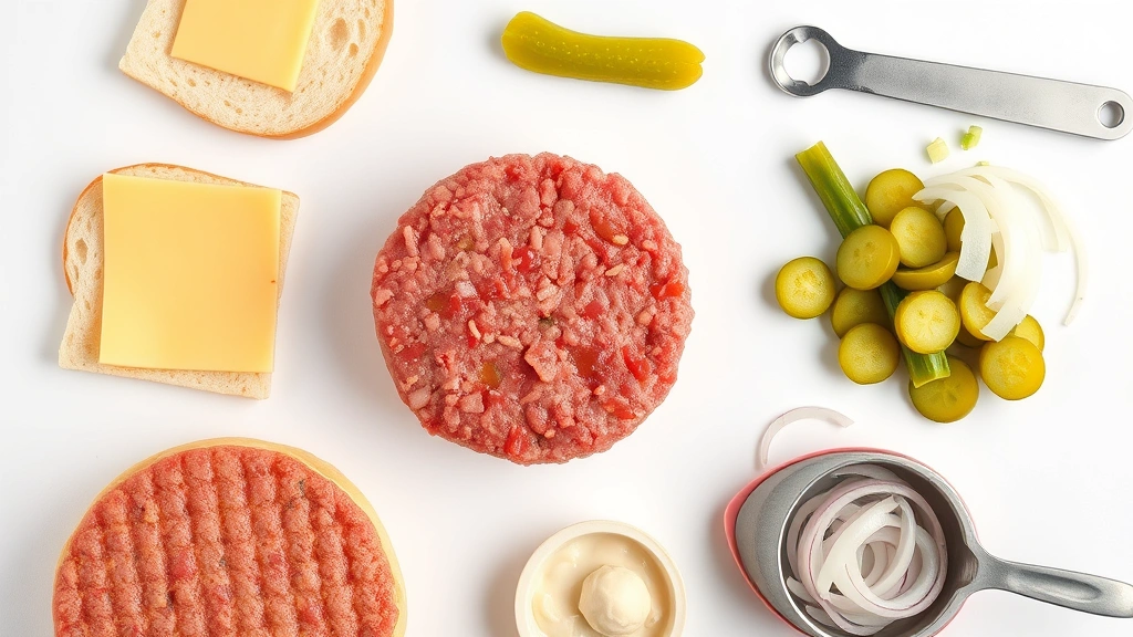 Overhead flat lay of burger ingredients separated into components: beef patty, cheese slice, bun parts, pickles, and onions, on white surface with nutrition measurement tools