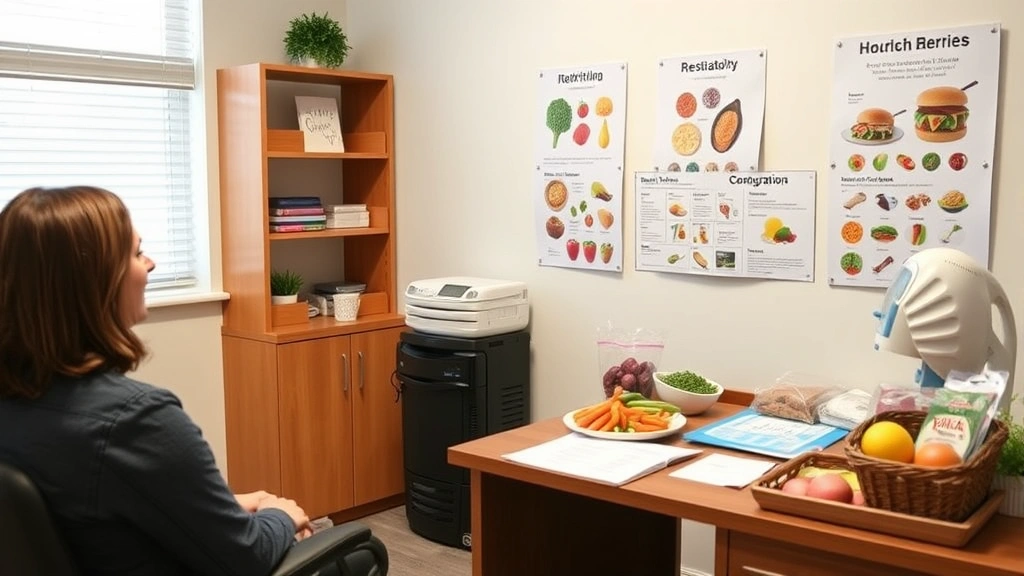 Registered dietitian consultation room with food models and nutrition guides displayed, professional healthcare setting with healthy food options visible on desk