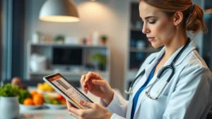 Dietitian analyzing nutritional label on tablet, modern clinic office with healthy food visible, professional healthcare setting, warm lighting, focused expression examining food data