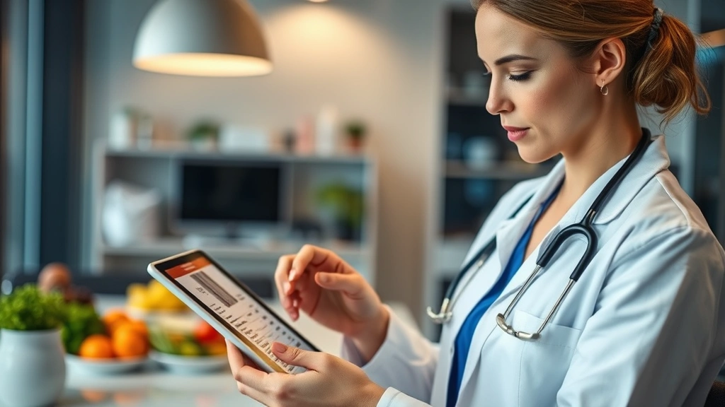 Dietitian analyzing nutritional label on tablet, modern clinic office with healthy food visible, professional healthcare setting, warm lighting, focused expression examining food data