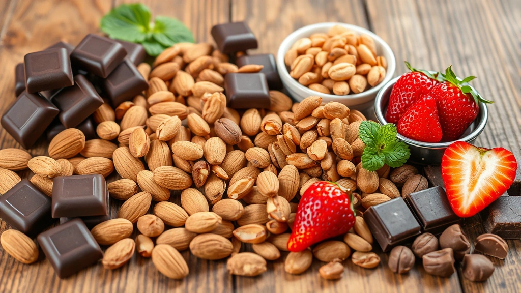 Variety of chocolate candies and healthy snack alternatives displayed on wooden surface, dark chocolate with almonds, nuts, fresh fruits, natural daylight, nutritional comparison visual