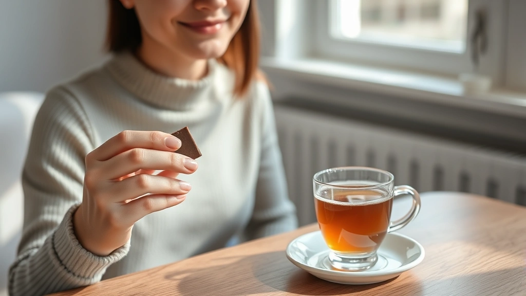 Person mindfully enjoying single chocolate treat with herbal tea, peaceful moment, minimalist table setting, natural window light, satisfied expression, deliberate consumption concept