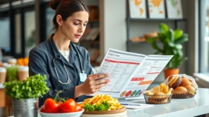 Professional dietitian reviewing fast-food nutrition labels at modern clinic desk with fresh vegetables and healthy meal components visible, natural lighting, focused analytical expression