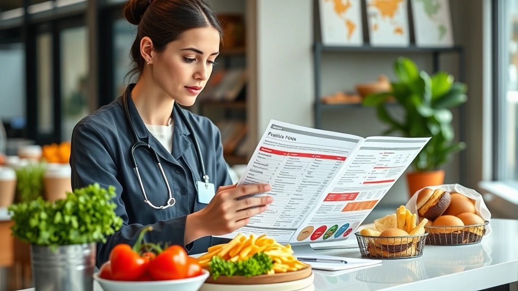 Professional dietitian reviewing fast-food nutrition labels at modern clinic desk with fresh vegetables and healthy meal components visible, natural lighting, focused analytical expression