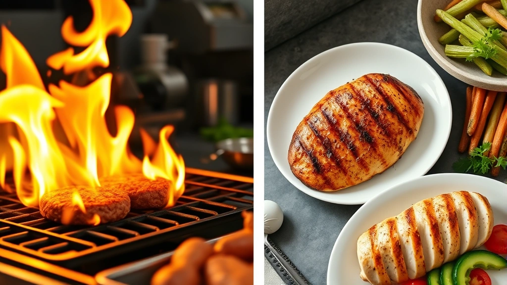 Split-screen comparison showing burger ingredients being flame-grilled on professional kitchen equipment versus fresh whole foods like grilled chicken breast and vegetables on clean white plates