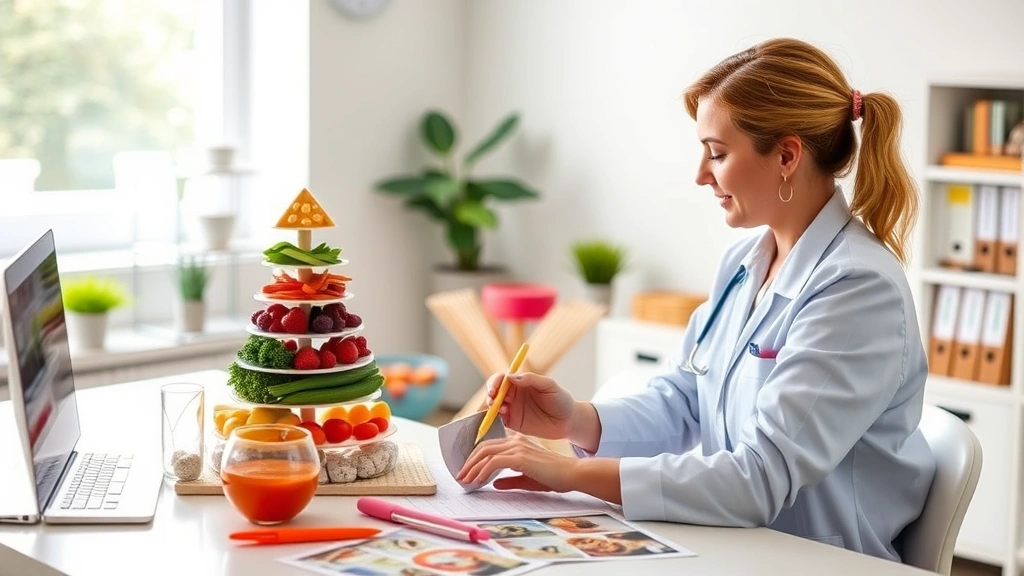 Nutritionist creating meal plan at desk with food pyramid model, measuring tools, and colorful food photography samples, modern healthcare office environment with natural window light