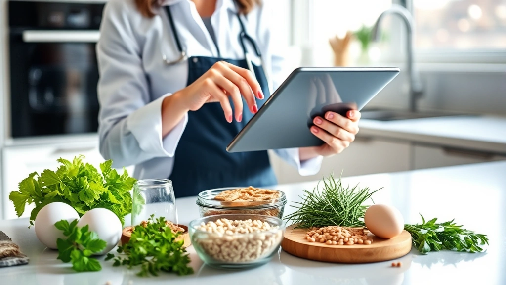 Professional registered dietitian reviewing nutritional data on tablet with fresh breakfast ingredients visible including eggs, whole grains, and fresh herbs arranged on modern kitchen counter with natural morning light
