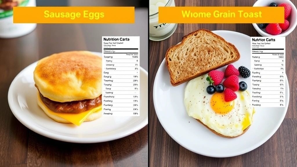 Split-screen comparison showing McDonald's Sausage Egg McMuffin on left side and homemade egg breakfast with whole grain toast and fresh berries on right side, both on white plates with nutritional charts displayed