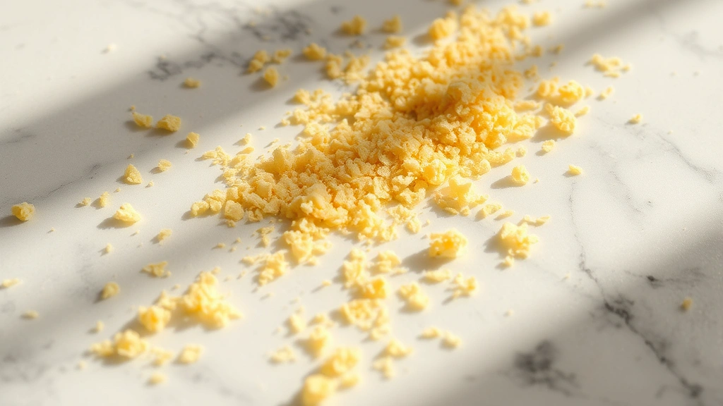Close-up of golden nutritional yeast flakes scattered on white marble surface with natural sunlight creating shadows, photorealistic food photography style