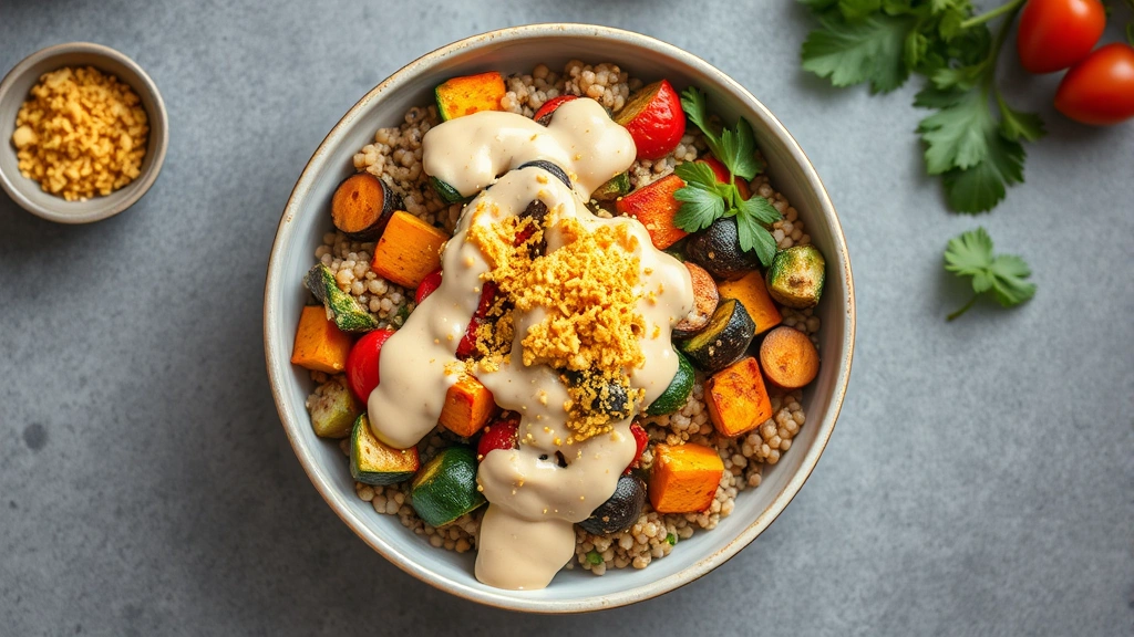 Overhead shot of colorful roasted vegetable grain bowl topped with creamy tahini dressing and generous sprinkle of nutritional yeast, professional food styling