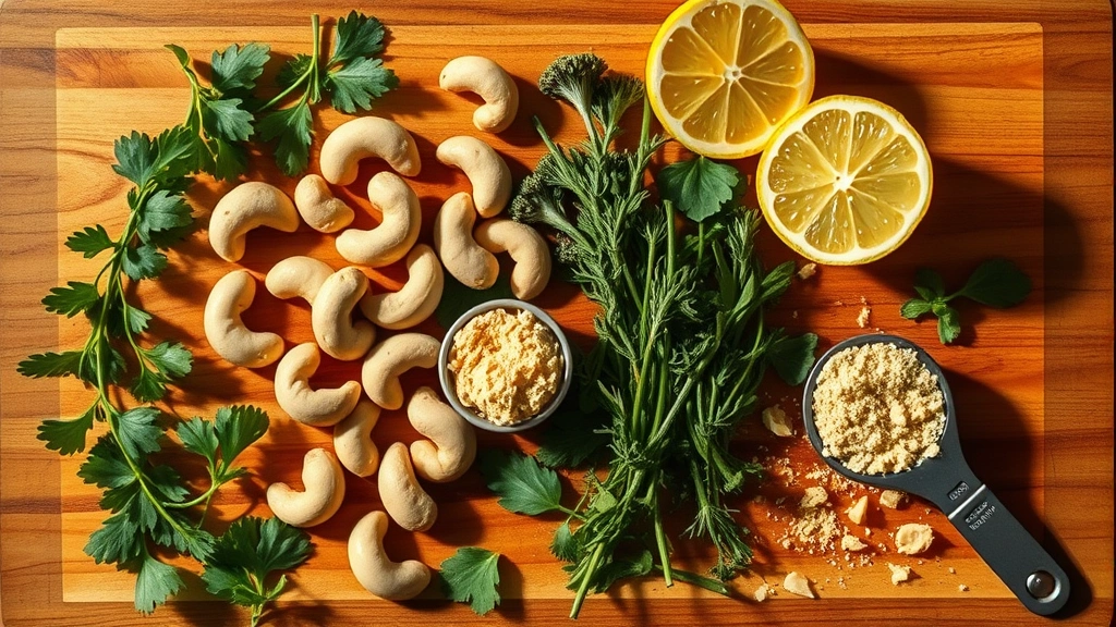 Artistic flat-lay composition of fresh herbs, cashews, lemon halves, and measuring spoon of nutritional yeast on wooden cutting board, warm natural lighting