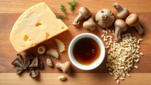 Flat lay arrangement of diverse nutritional substitute ingredients on a wooden surface: aged Parmesan wedge, small white bowl of miso paste, dried mushrooms, sea vegetable flakes, and sprouted seeds, natural morning light, professional food photography style