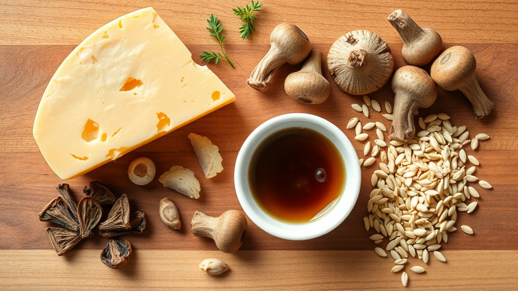 Flat lay arrangement of diverse nutritional substitute ingredients on a wooden surface: aged Parmesan wedge, small white bowl of miso paste, dried mushrooms, sea vegetable flakes, and sprouted seeds, natural morning light, professional food photography style